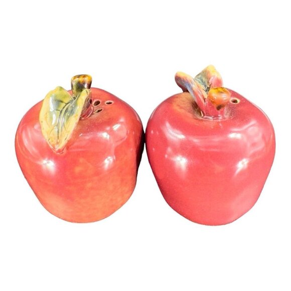 Whimsical Apple Fruit Salt And Pepper Shaker Set On Tree Stand Ceramic Set 2 - Picture 15 of 16